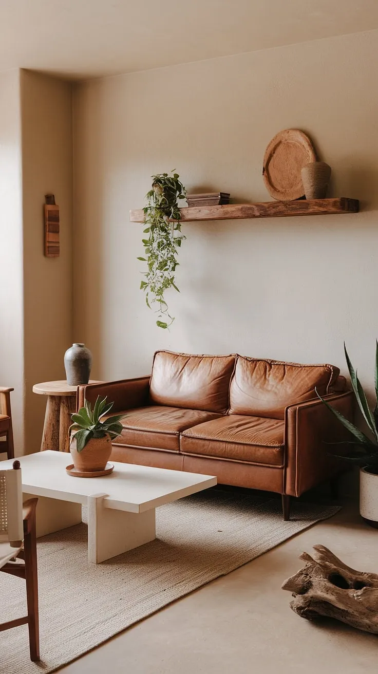 With its light beige walls and earthy decor, this small living room offers first home decor ideas that blend light colors and earth tones for a stylish apartment decor that captures living room inspiration.