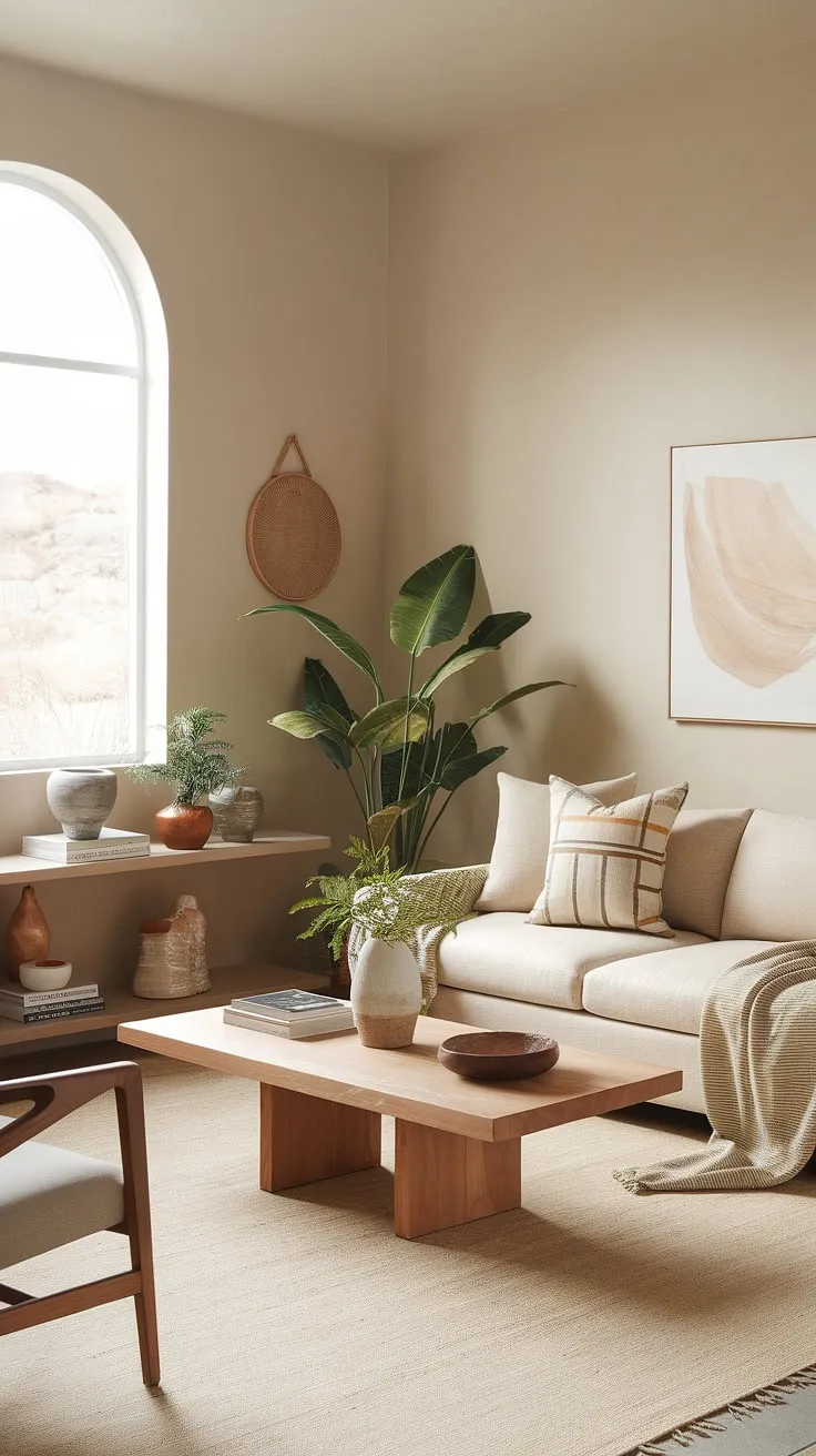 This small, earthy modern living room features a desert aesthetic with light colors, earthy tones, and thoughtful apartment decor ideas that inspire cozy first home styling.