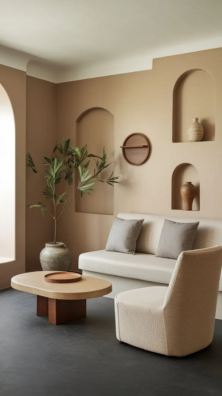 With its beige walls and earthy decor elements, this small living room inspires apartment decor through a harmonious blend of light colors and desert aesthetic.