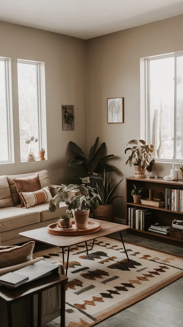 This small living room showcases earthy modern decor with light colors, featuring a beige sofa, desert-patterned rug, and potted plants, perfect for apartment decorating and first home decor ideas.