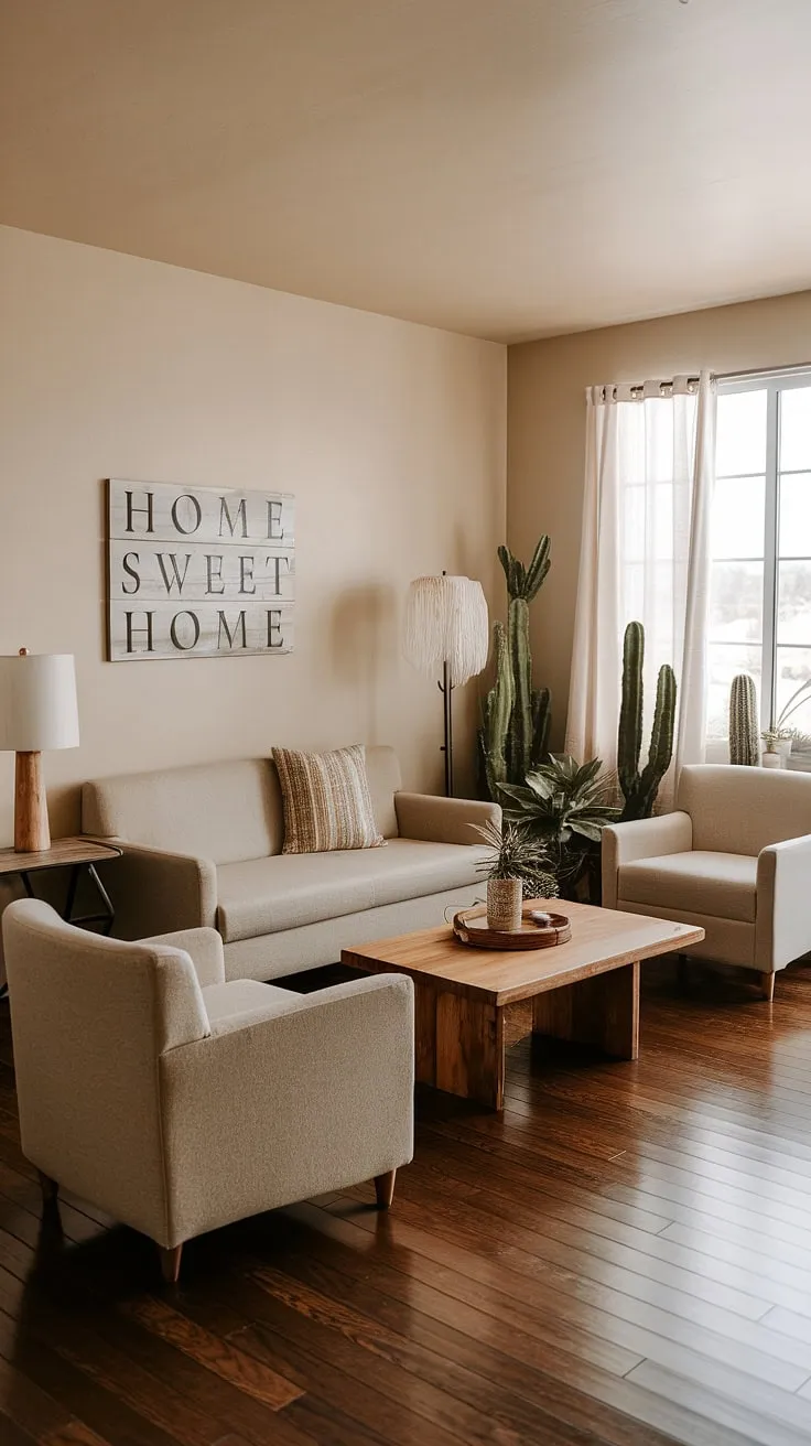 With its beige sofa, wooden coffee table, and cacti accents, this living room inspires earthy decor and color schemes that enhance small living room ideas.