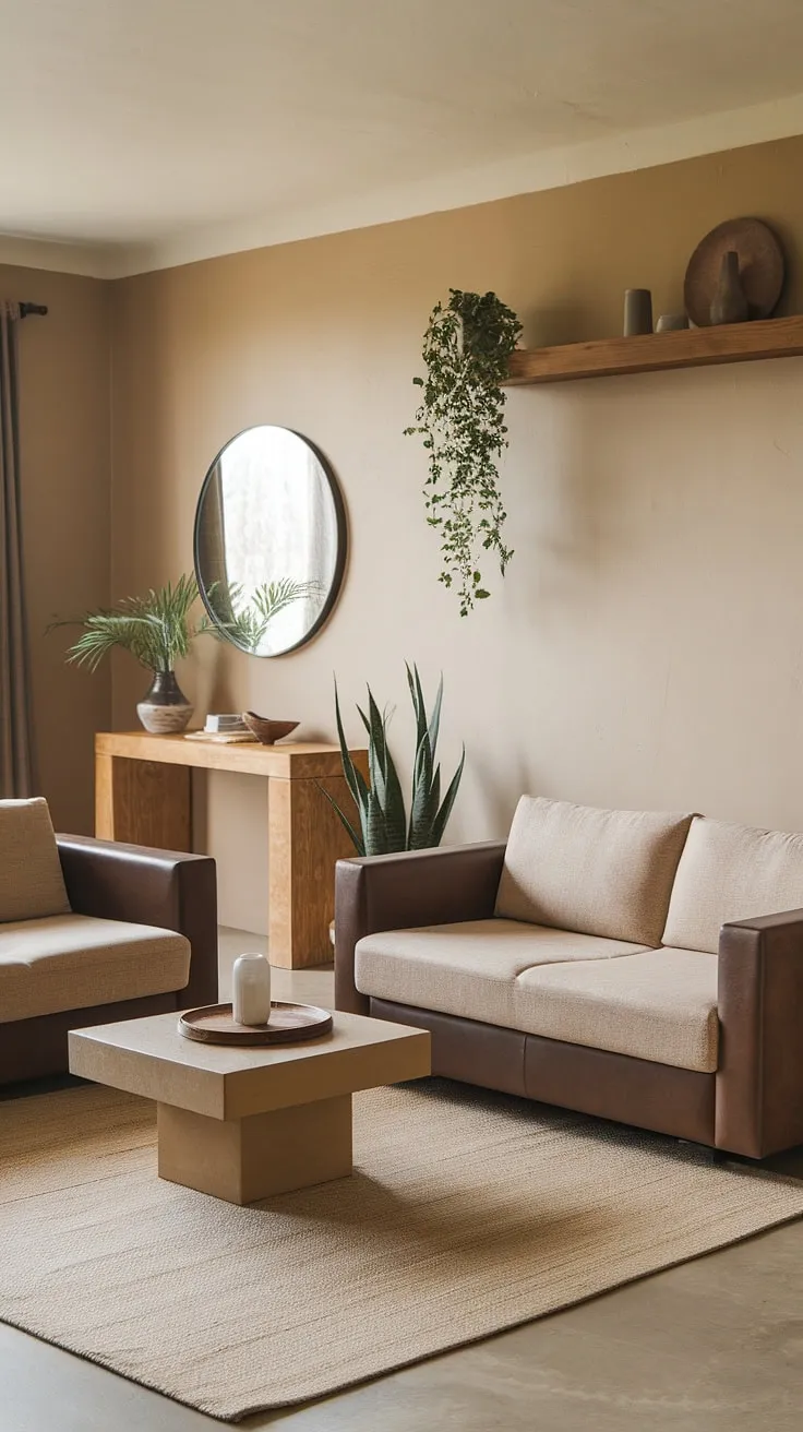 This earthy modern living room, featuring light colors and a desert aesthetic, showcases small living room ideas with a neutral color scheme of earth tones, perfect for apartment decorating and first home decor inspiration.