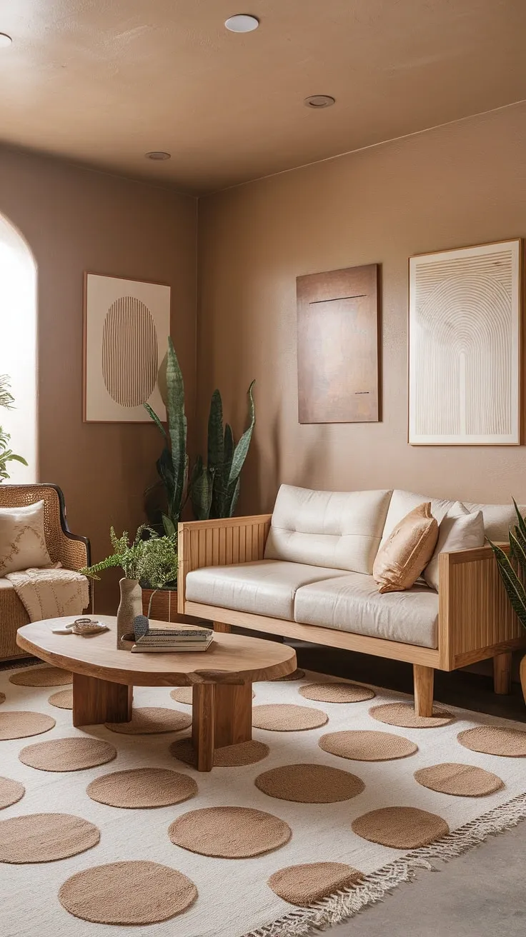 With its beige walls, wooden furniture, and soft lighting, this earthy decor showcases living room inspiration that harmonizes small spaces and earth tone basements beautifully.