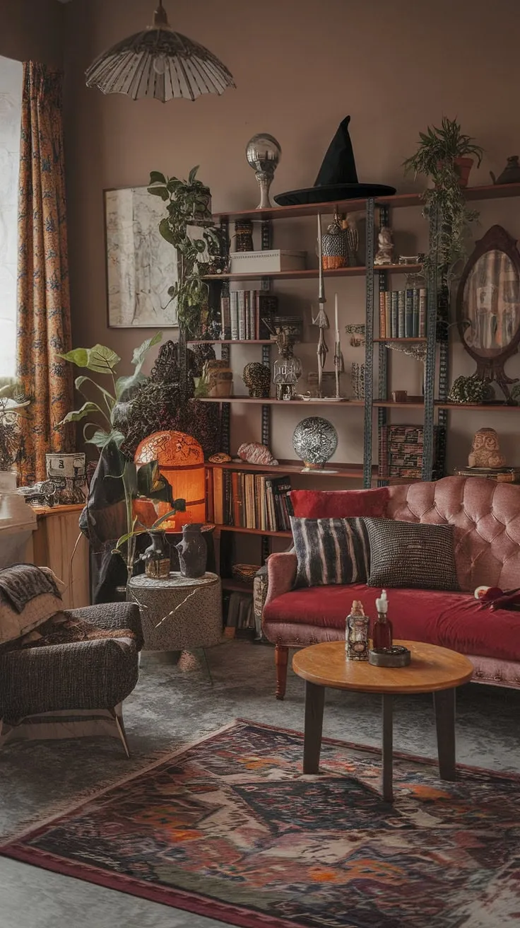 The maximalist living room showcases an eclectic mix of earthly apartment decor and retro vintage elements, embodying a modern witch aesthetic with unique international touches.