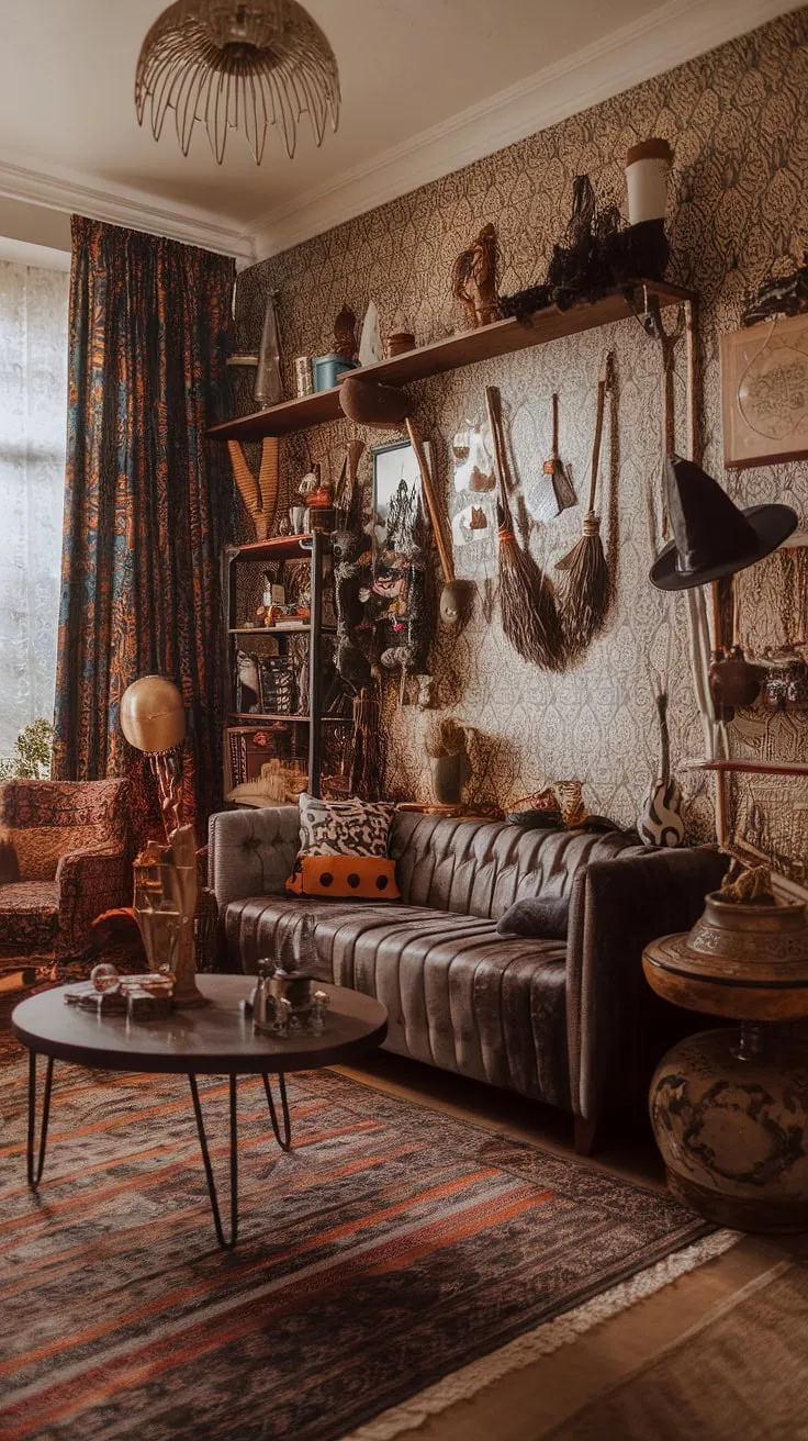 An eclectic apartment showcases a maximalist living room adorned with retro vintage decor, modern witch elements, and international accents, creating a unique earthly atmosphere.