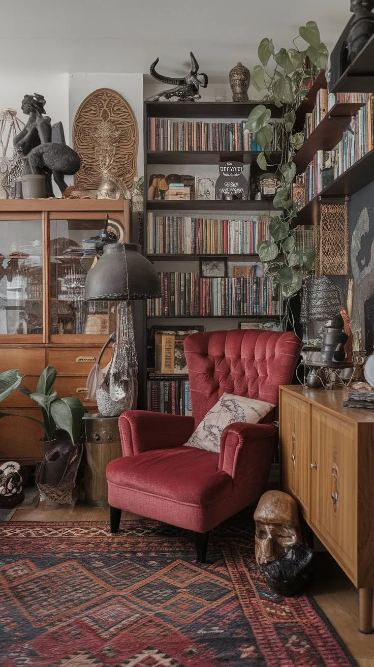 The vibrant living room showcases an earthly apartment decor style with a modern witch aesthetic, highlighted by a mix of retro vintage pieces and eclectic treasures from around the world.