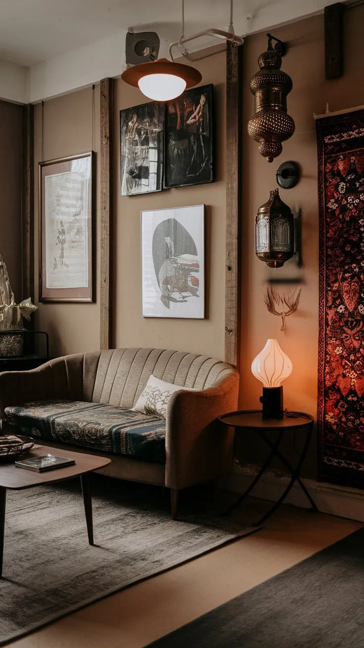 The maximalist living room showcases an eclectic mix of earthly apartment decor, including a witch core lamp and retro vintage elements, all enhanced by international room decor.