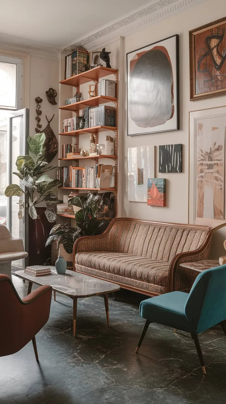 The maximalist living room showcases an eclectic mix of earthly apartment decor and retro vintage pieces, embodying a unique witch core aesthetic.