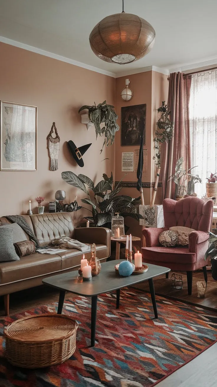 The modern witch living room showcases an eclectic mix of furniture and decor, creating a captivating space that harmonizes retro vintage charm with a whimsical witch core flair.