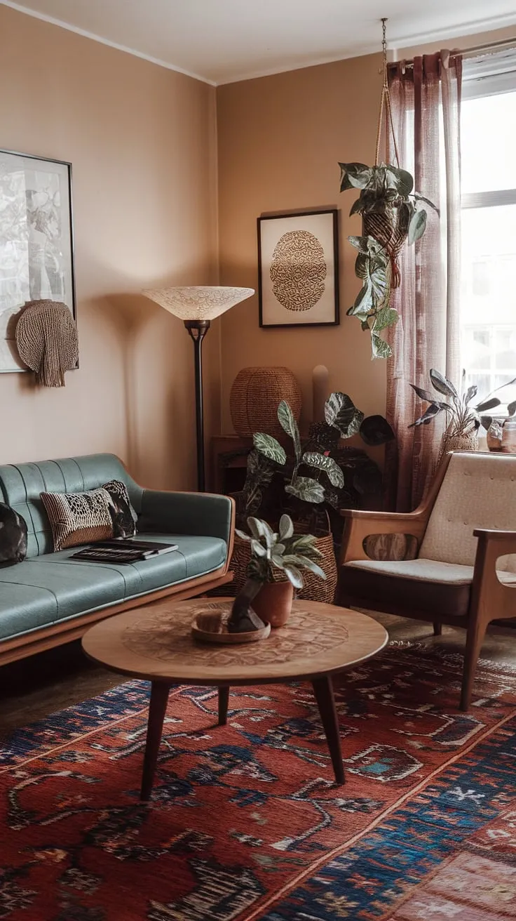 The living room showcases a harmonious blend of witchcore aesthetics and eclectic decor, highlighted by vintage rugs and unique furnishings in a captivating maximalist style.