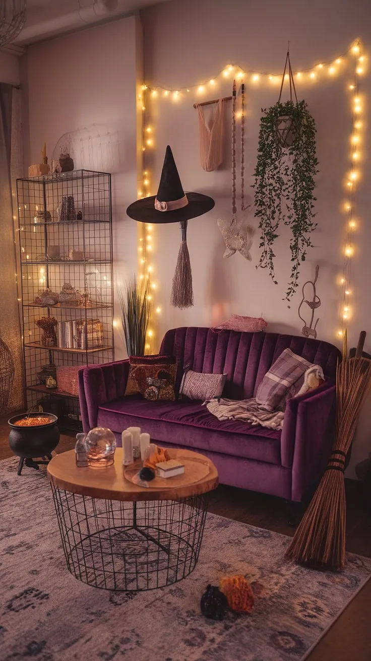 This eclectic apartment features a modern witch living room adorned with earthly decor, retro vintage elements, and international touches, creating a warm and cozy maximalist atmosphere.