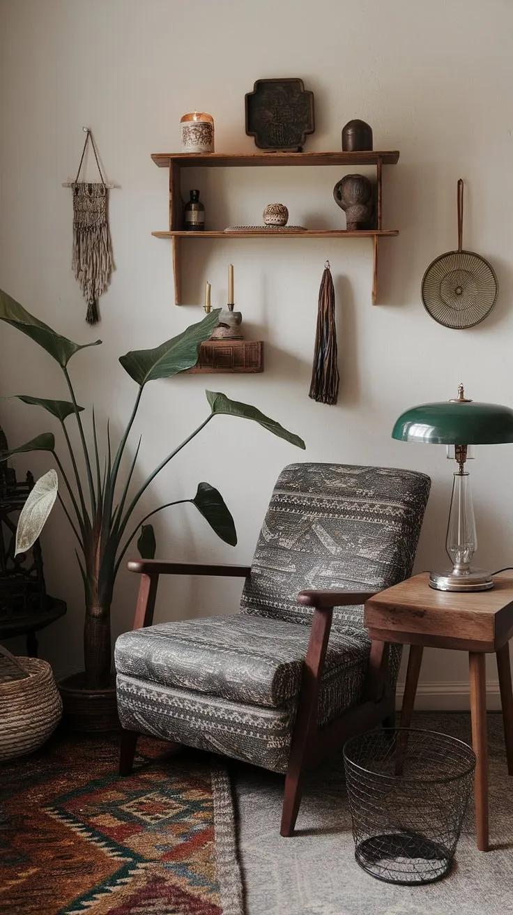 The living room showcases a blend of eclectic and retro vintage apartment decor, highlighted by a cozy armchair and earthy elements, embodying a modern witch aesthetic.