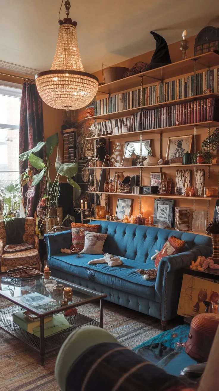 This eclectic apartment features a modern witch living room adorned with earthy decor, retro vintage accents, and a maximalist touch that creates a cozy, inviting atmosphere.