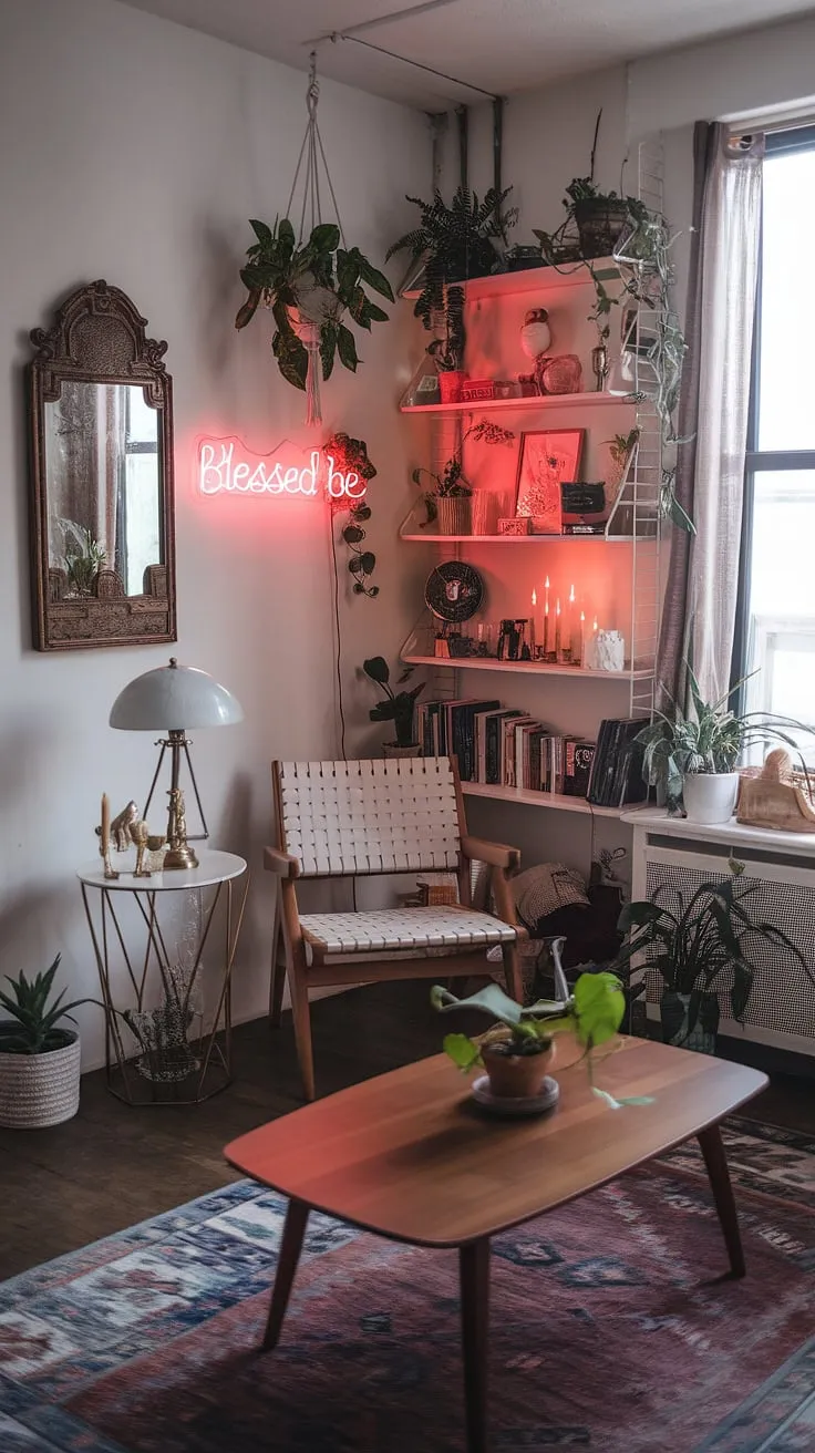 This eclectic apartment showcases a modern witch living room with earthly decor, featuring retro vintage elements, a maximalist vibe, and international touches that create a unique and inviting space.