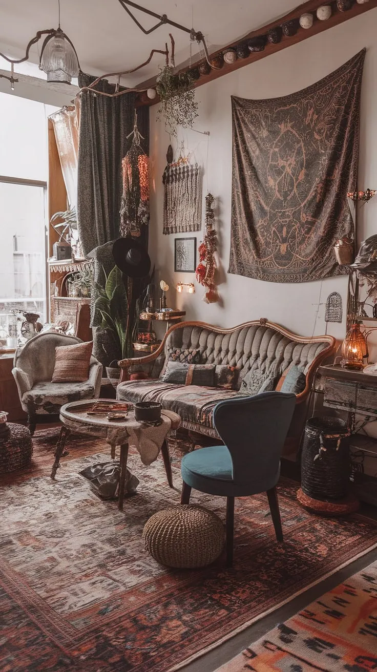 This eclectic apartment features a maximalist living room adorned with earthly decor, witchcore elements, and retro vintage touches, creating a unique international style.