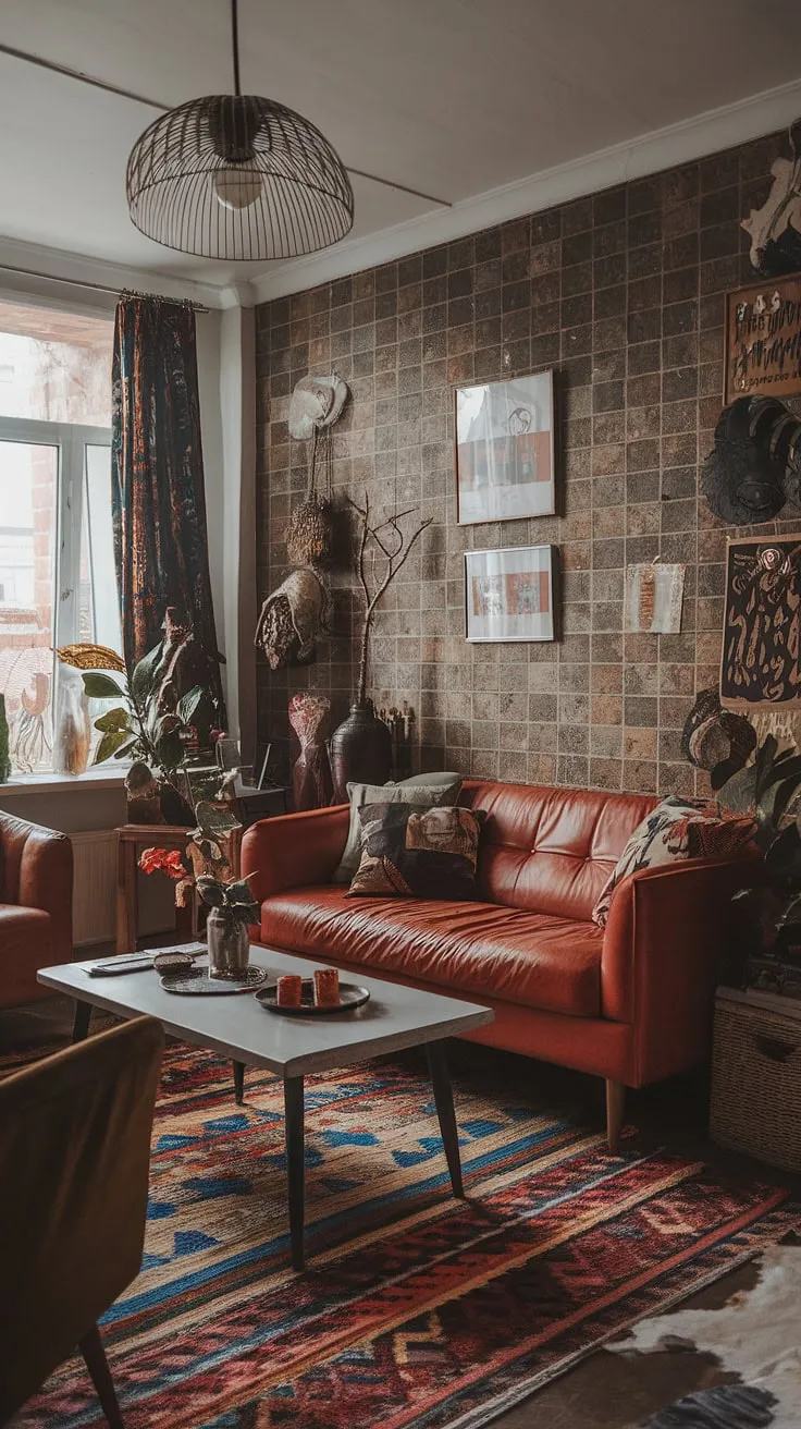 This eclectic apartment features a maximalist living room adorned with earthly and international decor, blending modern witch aesthetics with retro vintage charm.