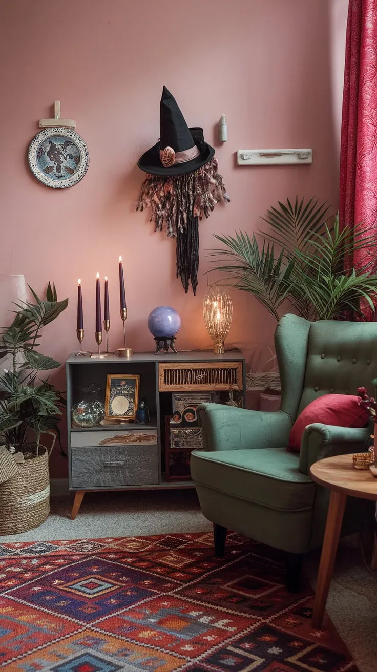 The vibrant living room of this eclectic apartment blends earthly decor with retro vintage and international elements, creating a captivating modern witch core atmosphere.