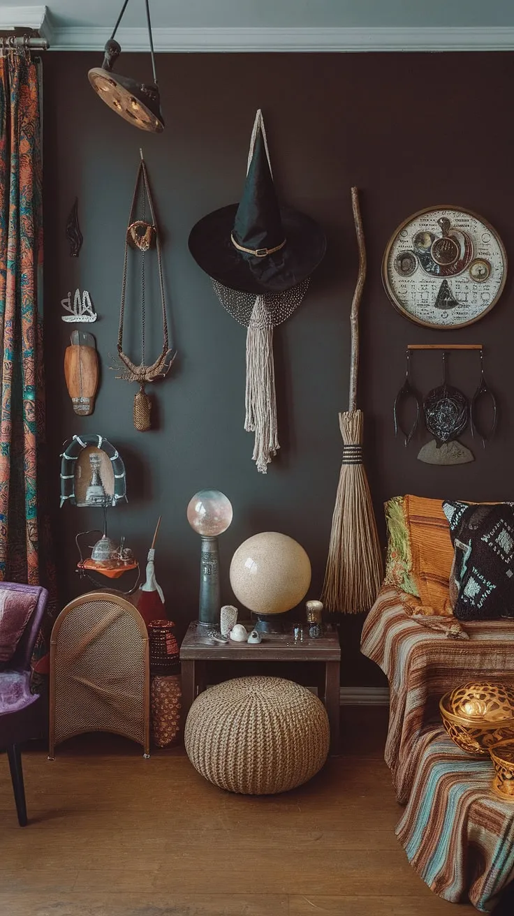 The maximalist living room showcases an eclectic mix of earthly apartment decor and witch core elements, highlighted by retro vintage touches and an international flair.