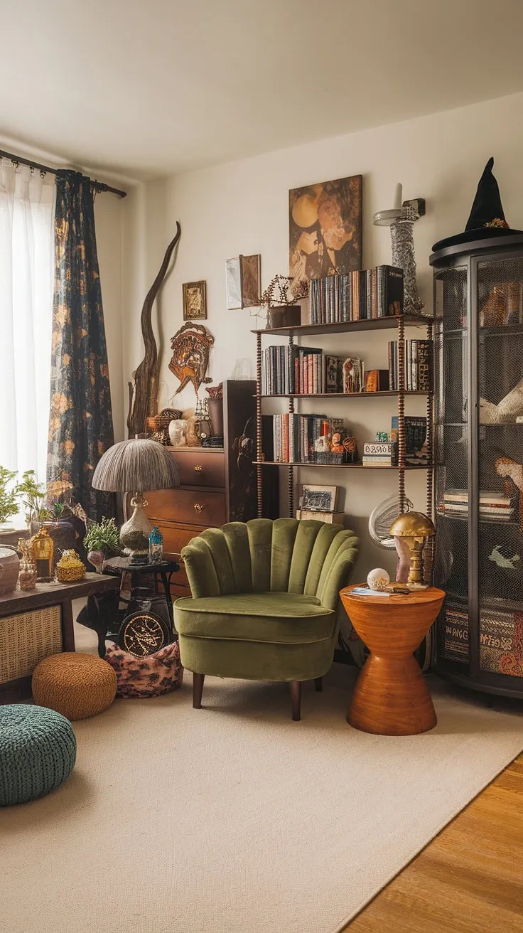 The living room combines international room decor with a witch core vibe, showcasing a unique blend of retro vintage and modern elements in an inviting space.