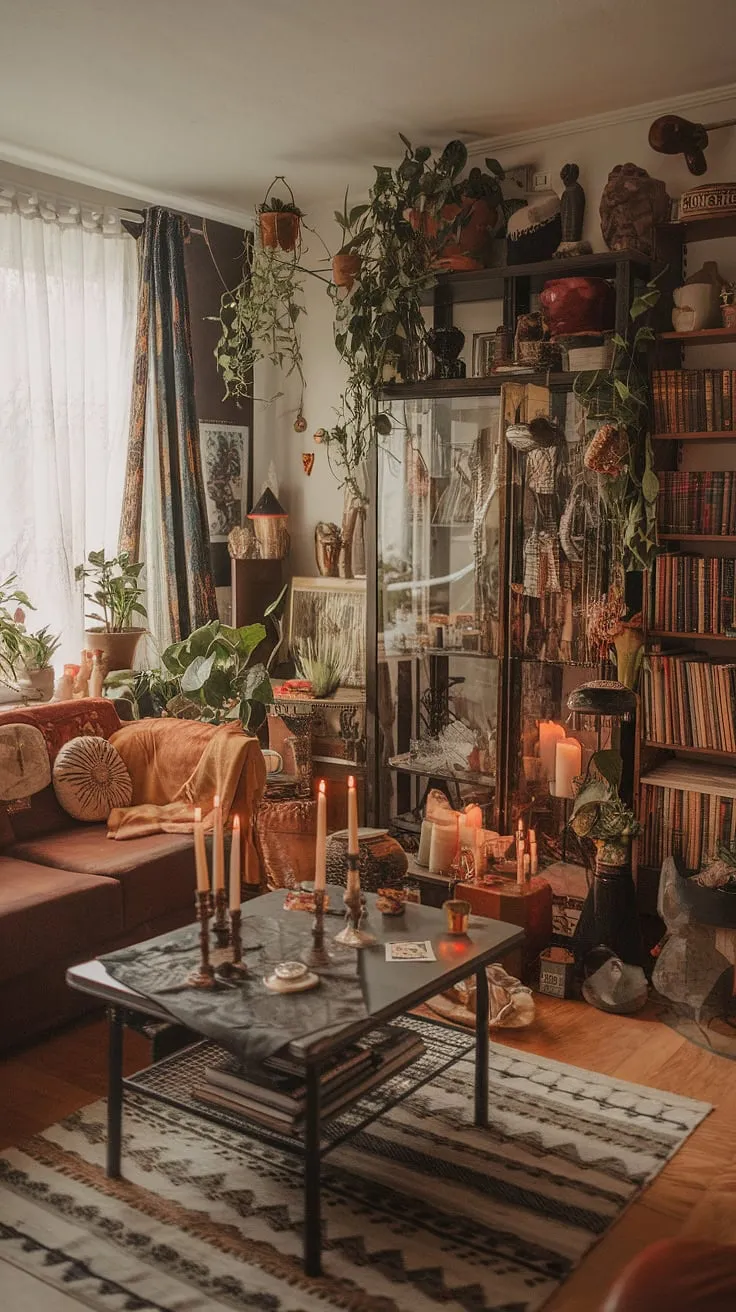 This eclectic apartment features a maximalist living room adorned with retro vintage decor, earthy tones, and witch core elements, creating a cozy space filled with plants, candles, and mystical treasures.