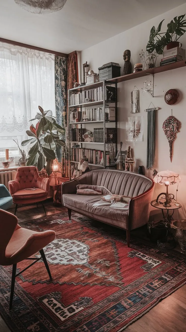 The maximalist living room showcases an eclectic mix of earthly apartment decor and witch core accents, highlighted by retro vintage furnishings and a touch of international flair.