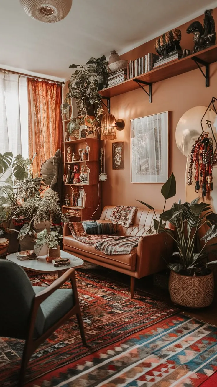 This eclectic apartment features a maximalist living room adorned with earthly decor, witch core elements, and a vibrant mix of modern, retro vintage, and international styles.