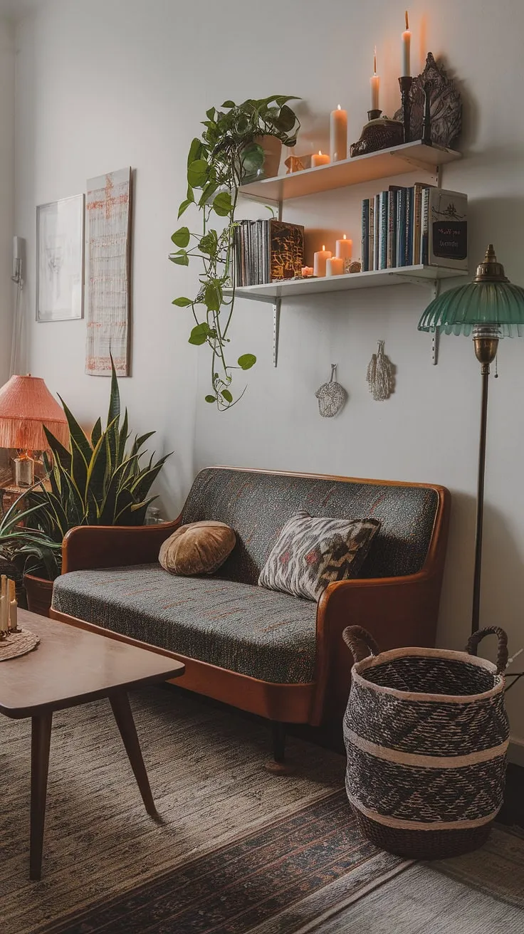 This eclectic apartment showcases a modern witch living room adorned with retro vintage decor, earthy elements, and international maximalist touches that create a captivating and inviting space.
