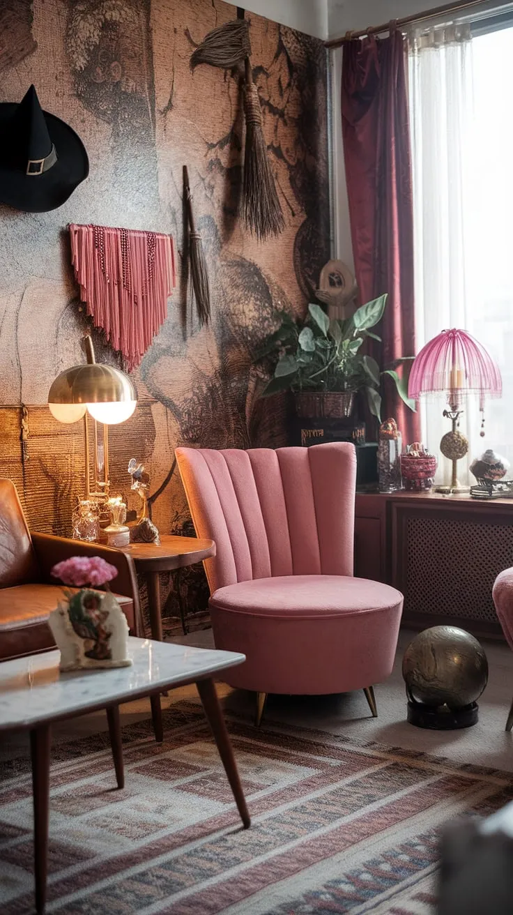 This eclectic apartment features a modern witch living room adorned with earthly decor, retro vintage accents, and international touches, creating a warm and inviting maximalist space.