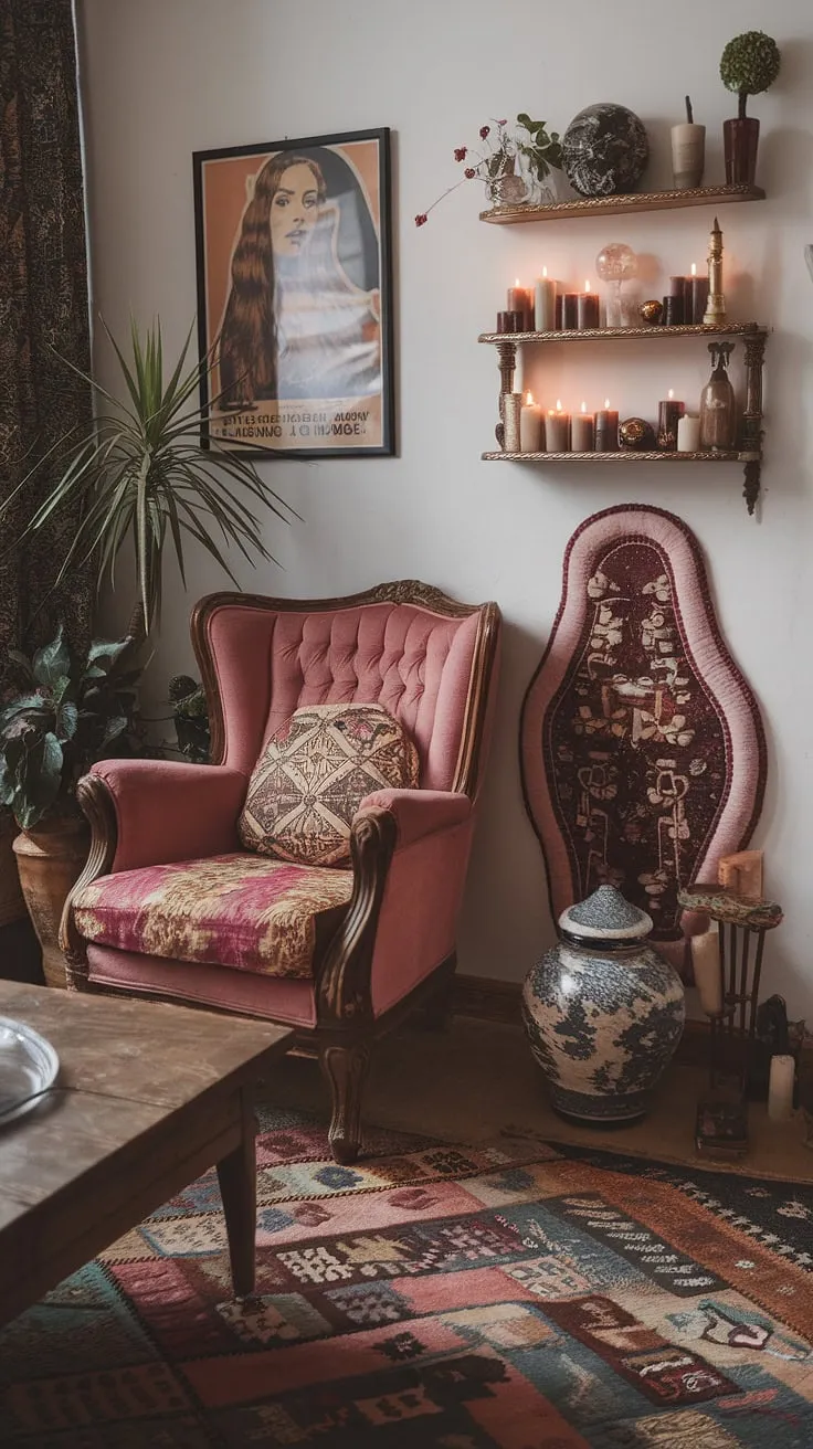 This eclectic apartment features a modern witch living room with earthly decor, showcasing retro vintage elements and international touches in a vibrant maximalist style.