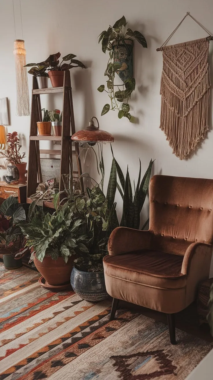 This eclectic apartment features a maximalist living room adorned with retro vintage decor, earthy tones, and witch core elements, creating a captivating international style.