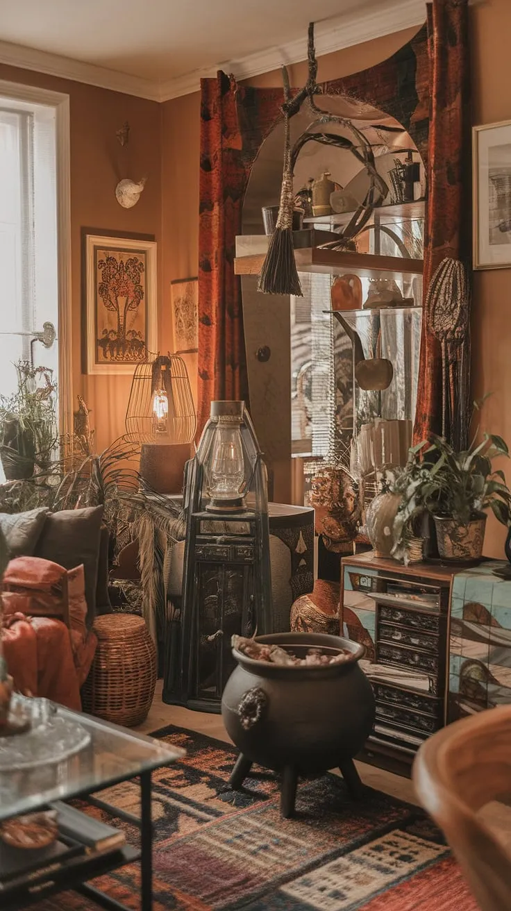The living room of this eclectic apartment showcases a captivating mix of earthly decor, witch core aesthetics, and vibrant international touches, all within a maximalist design.