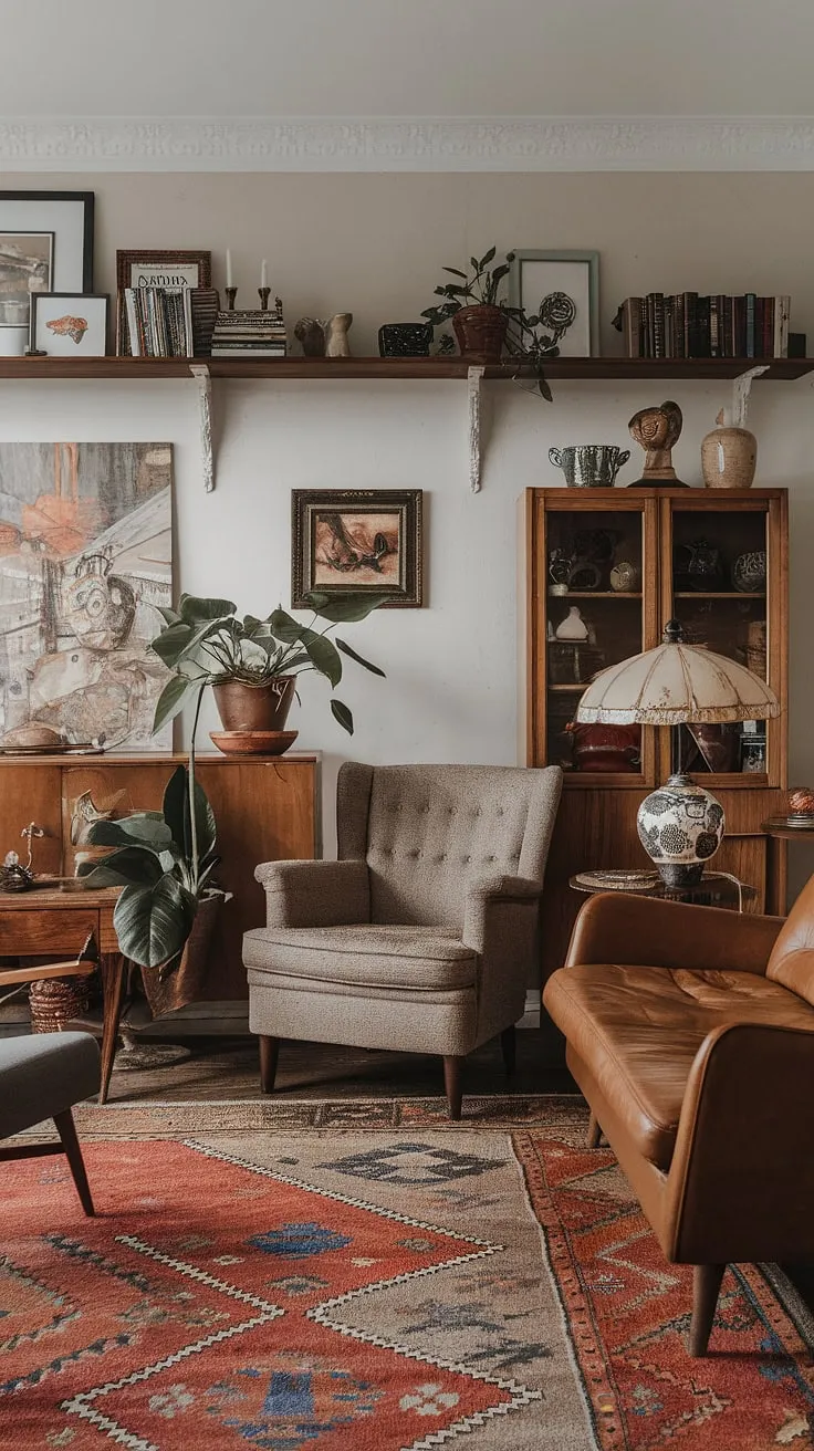 This eclectic apartment features a modern witch living room adorned with earthy decor, retro vintage elements, and international touches, creating a captivating maximalist space.
