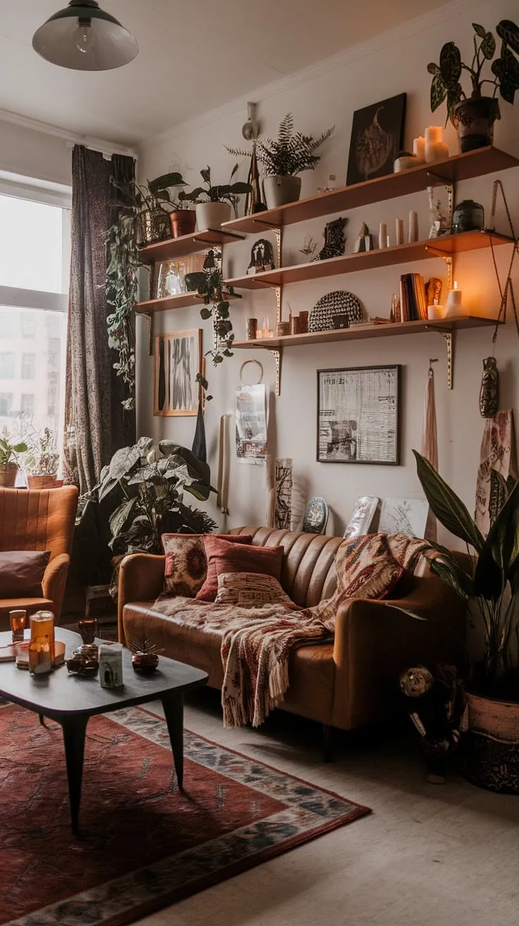 An eclectic apartment showcases a maximalist living room adorned with retro vintage decor, earthly elements, and witch core accents, creating a warm and inviting atmosphere filled with international charm.