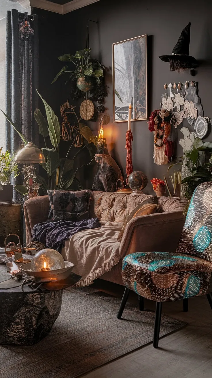 The maximalist living room showcases an eclectic mix of earthly apartment decor and retro vintage accents, embodying a modern witch aesthetic with unique patterns and mystical elements.