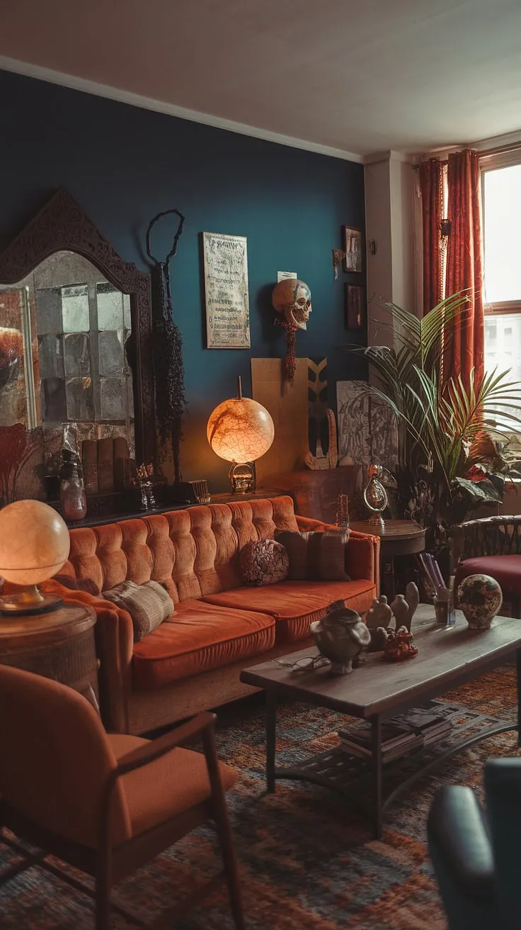 The warm, inviting atmosphere of this earthly apartment decor combines international influences with a striking modern witch aesthetic, highlighted by a vintage mirror and a cozy wooden coffee table.