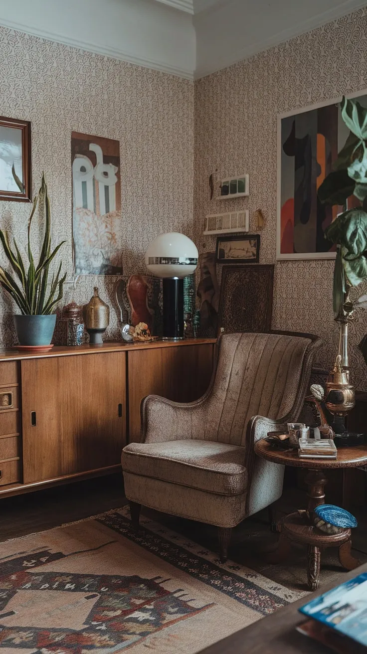 This eclectic apartment features a maximalist living room adorned with earthly decor, retro vintage accents, and witch core elements that create a captivating international aesthetic.