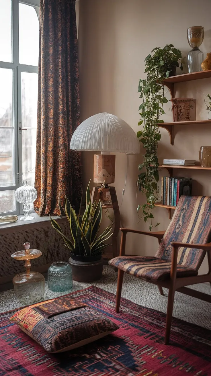 The maximalist living room of this eclectic apartment showcases a modern witch theme with retro vintage decor, earthy accents, and international flair for a captivating atmosphere.