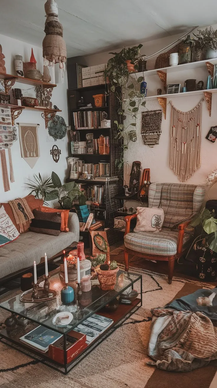 The witchcore living room in this eclectic apartment showcases a harmonious blend of earthly and international decor, complemented by retro vintage touches, resulting in a captivating maximalist atmosphere.