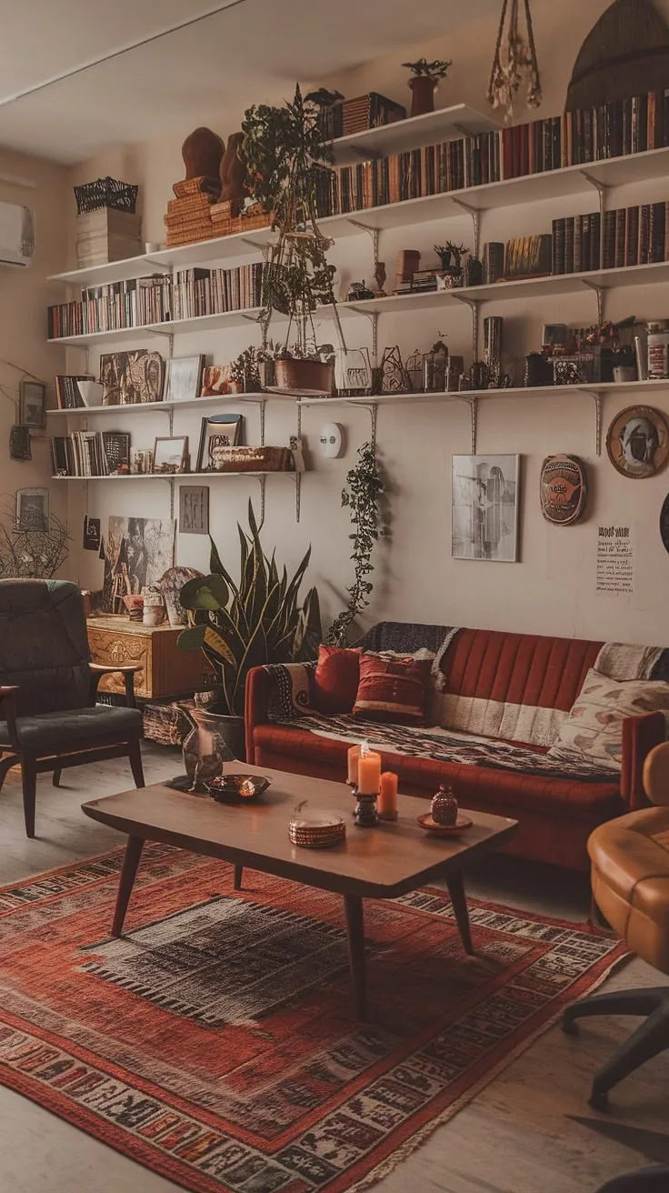 This maximalist living room showcases an eclectic mix of witch core living room aesthetics, retro vintage apartment decor, and earthy touches, creating a warm and inviting space.