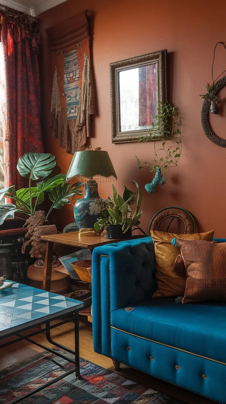This eclectic apartment showcases a modern witch living room with earthy decor, blending international and retro vintage elements in a vibrant maximalist style.