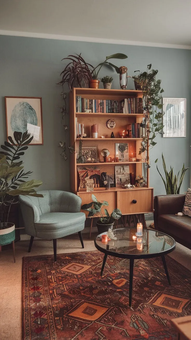 The living room showcases a harmonious blend of eclectic apartment decor, modern witch aesthetics, and retro vintage charm, highlighted by plants, crystals, and soft lighting.