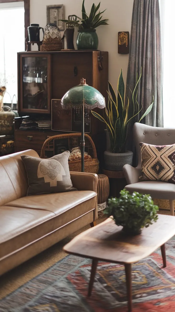 The living room showcases a harmonious blend of eclectic and earthly apartment decor, creating a vibrant modern witch aesthetic with retro vintage charm.