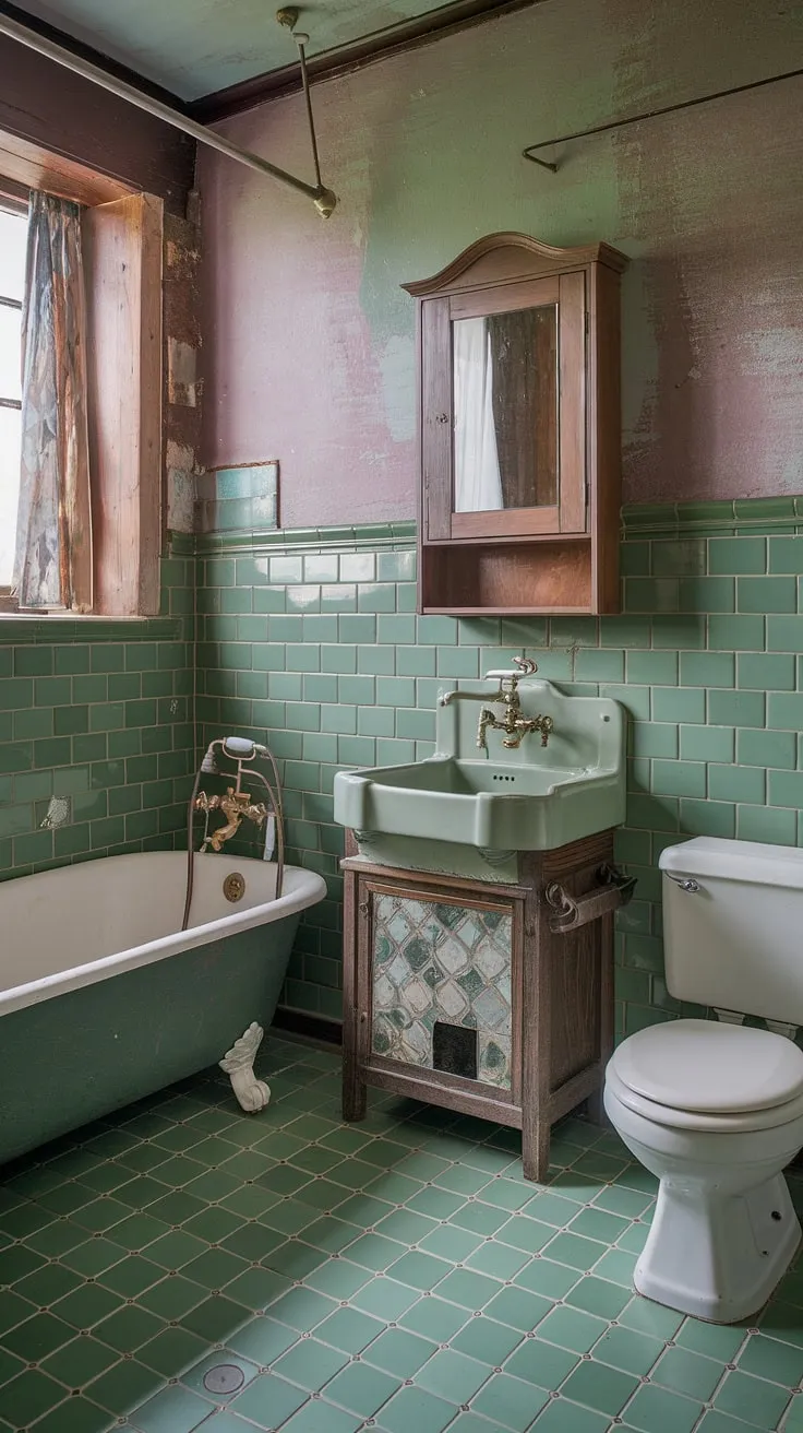 The vintage bathroom decor highlights a charming green tile design, combining rustic and shabby chic styles for inspiring bathroom design ideas.