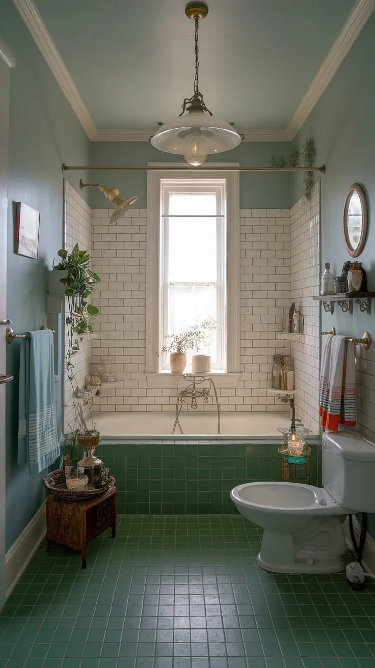 This beautiful bathroom showcases an eclectic interior design with vintage elements, featuring a green tile floor, a white bathtub, and calming decor that inspires unique bathroom design.
