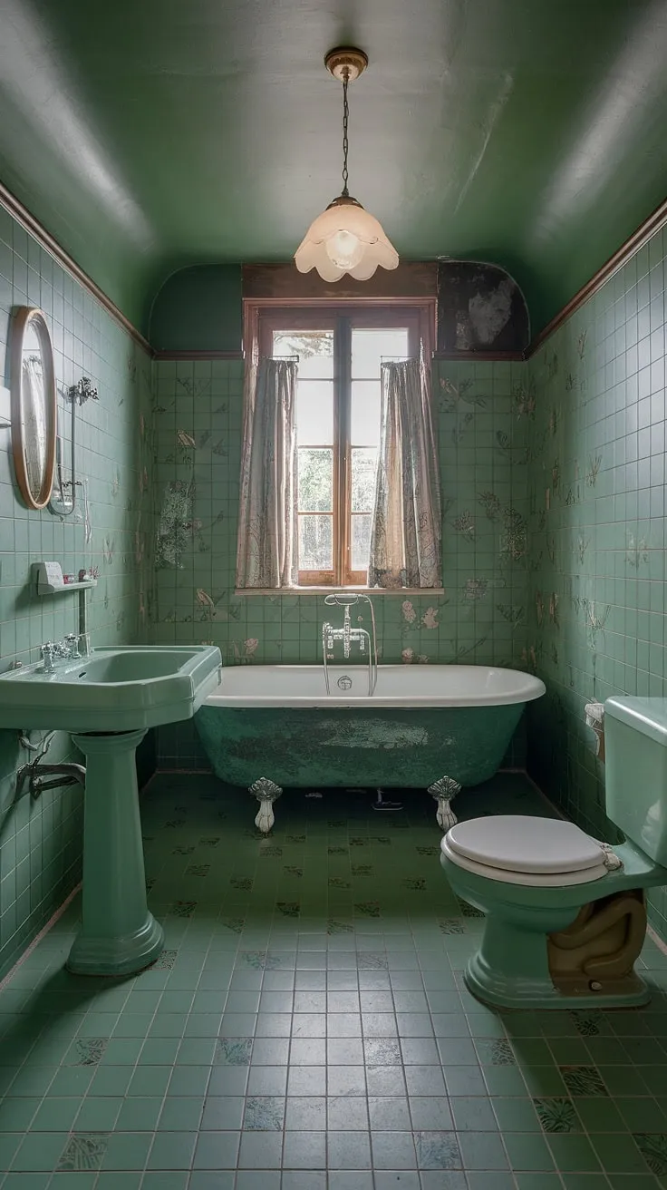 This beautiful eclectic bathroom showcases vintage charm with its green tile design, clawfoot tub, and rustic decor, offering inspiring bathroom design ideas.