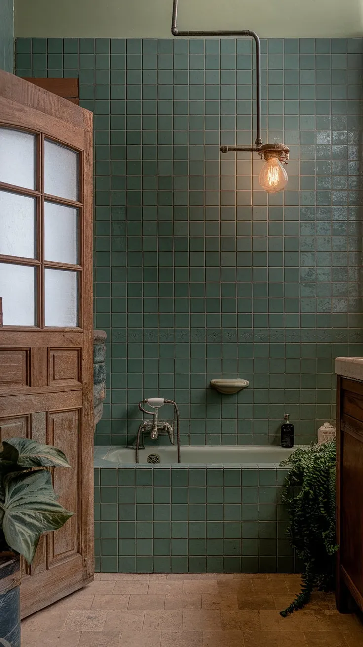 This eclectic bathroom showcases beautiful vintage design with a striking green tile wall, a charming vintage bathtub, and thoughtful decor elements that inspire unique bathroom design.