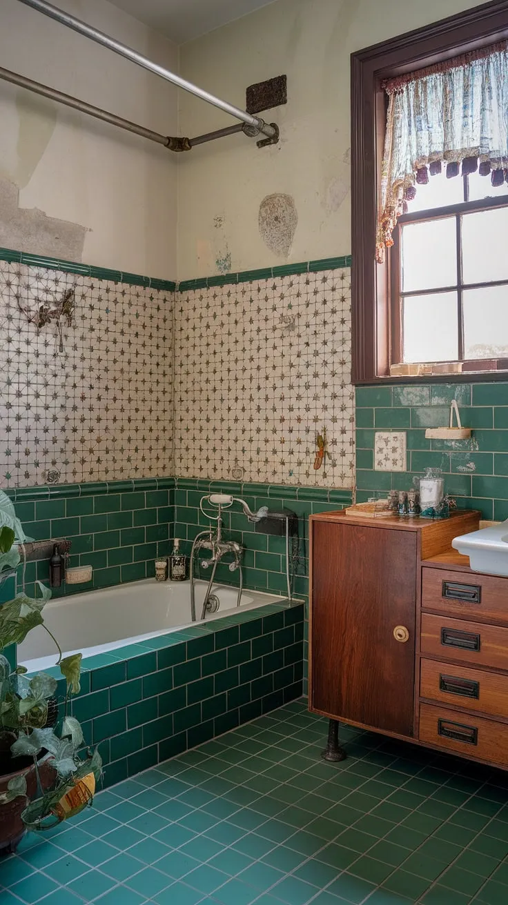 This beautiful bathroom showcases eclectic interior design with vintage elements, featuring a stunning green tile floor and wall, a classic white bathtub, and charming decor that inspires unique bathroom design.