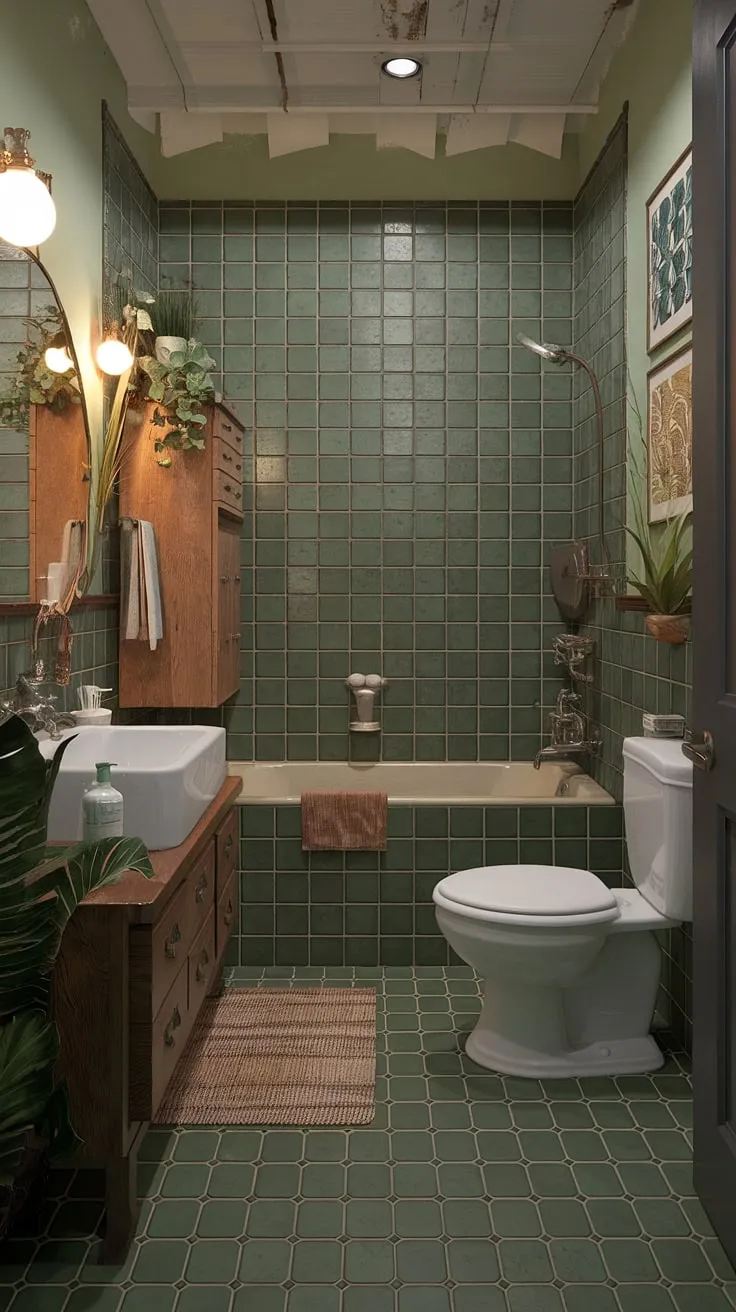 The inviting green bathroom design showcases a perfect blend of vintage fixtures and eclectic interior design, making it a standout example of beautiful bathrooms.