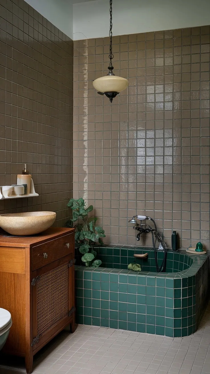 This beautiful eclectic bathroom showcases vintage charm with a green tile bathtub, beige accents, and stylish decor, offering inspiring ideas for green bathroom design.