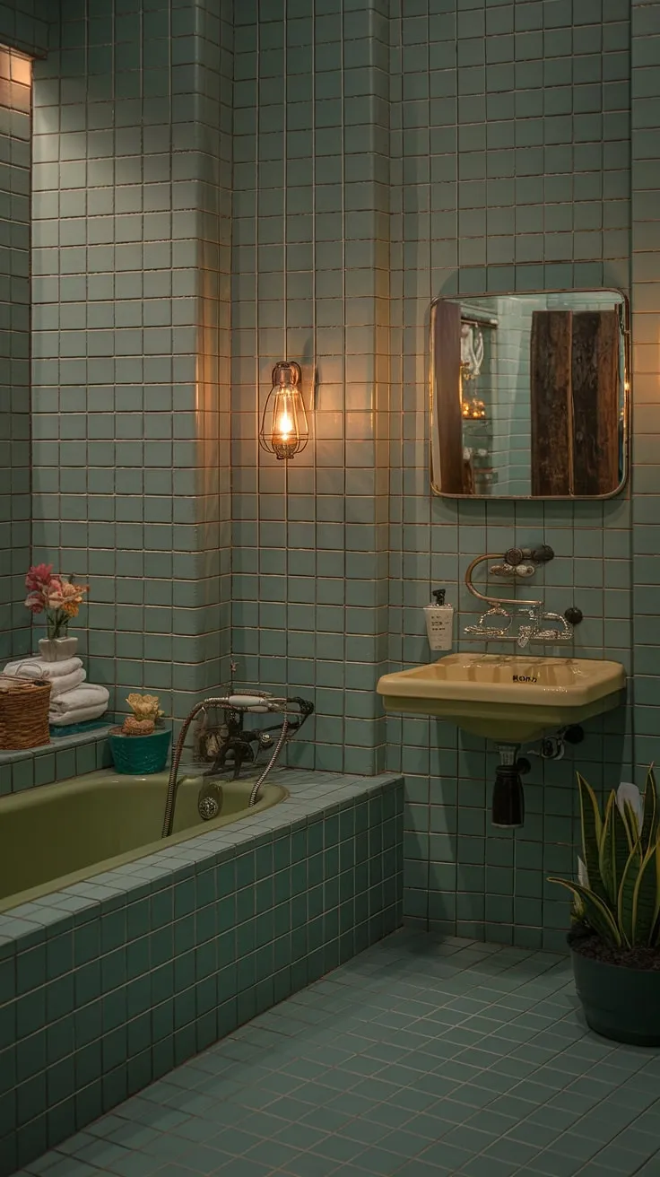 The eclectic bathroom design combines vintage charm with a green tile aesthetic, creating a stunning space filled with character and inspiration for beautiful bathrooms.